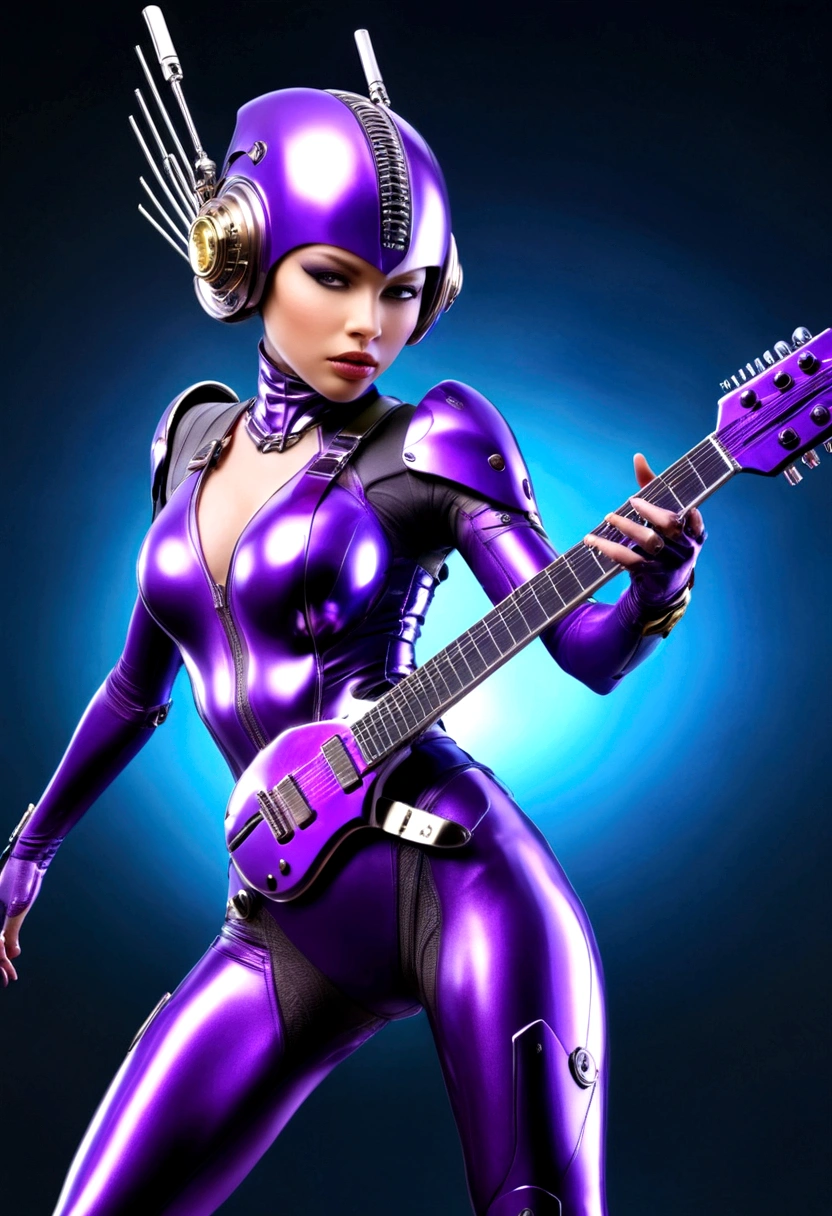 Luciwilde is a sexy cyborg with a entirely electric purple metallic body(obviously mechanical), metal helmet stylized as a fashion model hairdo (no hair visible), and a completely human face. She is flying through space propelled by jets in her feet. She has a guitar with a laser rifle built into it. Full body shot, show all of her, action pose with her weapon, best quality, extreme attention to detail, beautiful face