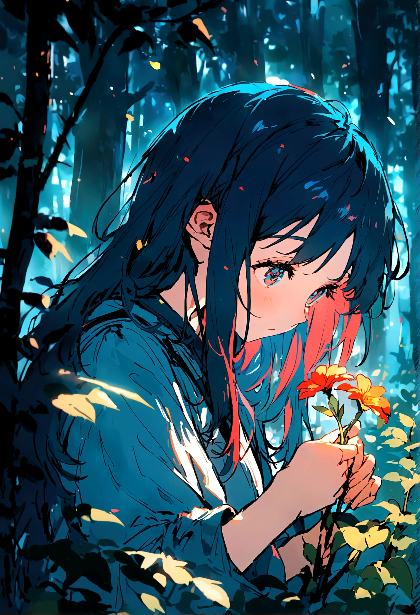 picking flowers, In the woods, ,Vibrant colors,Soft lighting