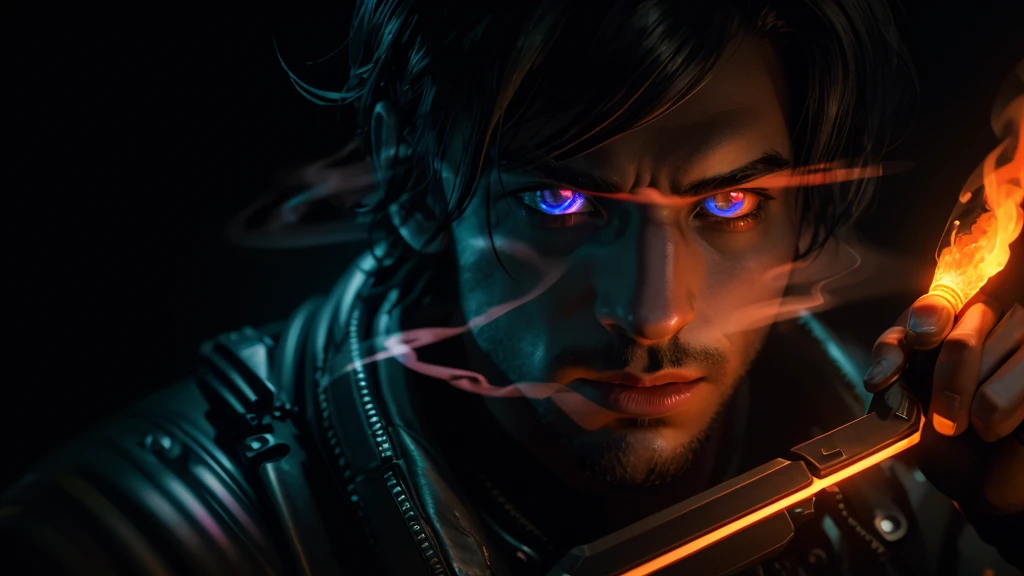 cyberpunk, a soldier full figure with a ghostly of light and smoke and flames, high detail, long shot, wide shot, 4K, 3D, REALISTIC, (iridescent glow smoke), UHD, 32K, very bold neon colors, black light, neon ligh