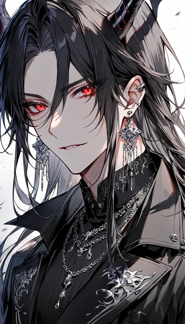 alone, good looking, 1 male, Long hair, Middle parted hair, Black hair, Red eyes, Black shirt, White Thailand, Black Trench Coat, Royal Silver Jewellery, Royal Demon Earrings, Black horns, Front Facing, Vtuber Front Facing Camera