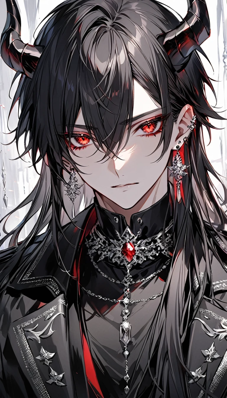 alone, good looking, 1 male, Long hair, Middle parted hair, Black hair, Red eyes, Black shirt, White Thailand, Black Trench Coat, Royal Silver Jewellery, Royal Demon Earrings, Black horns, Front Facing, Vtuber Front Facing Camera