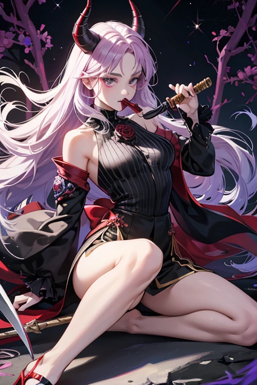 As Oni-Chan, she had wild, pointy, dark hair, and her face was obscured by a white Japanese goblin's mask, which had protruding tusks. From the forehead protruded a red unicorn's horn, with black lines along the bottom. The eyes and mouth are outlined by thick, black lines, and her eyes were moderate crimson and she had moderate purple lipstick, just like Juleka Couffaine's form of Reflekta. She had a white super-suit with blue-violetish black vine shaped-stripes and her insignia (a black rose with a red horn) on the chest. Red spikes with black spirals donned her shoulders and elbows. Her forearms and legs from the knee down were all black. Her hands and feet were red as well. She wielded a bokken with a black and white handle with the blade made from thorny vines twisting together. SPARKLE; GLITTER