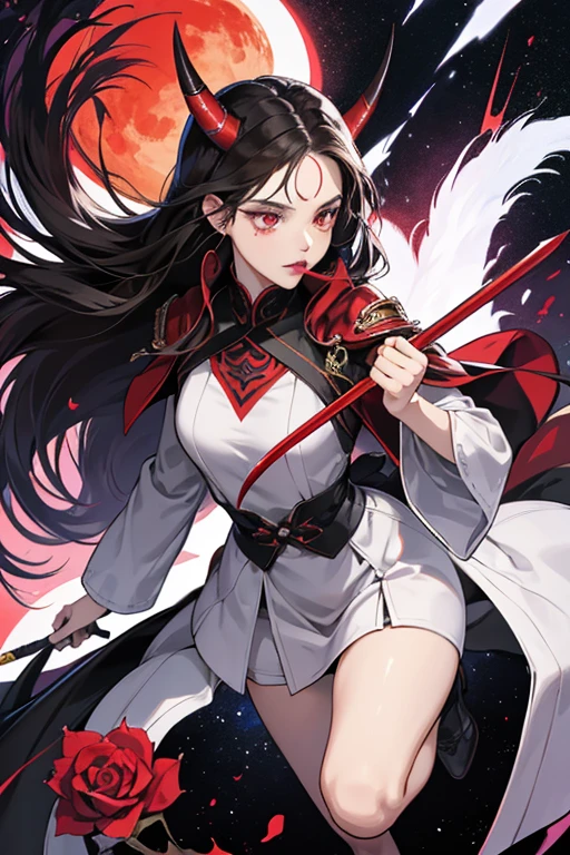 As Oni-Chan, she had wild, pointy, dark hair, and her face was obscured by a white Japanese goblin's mask, which had protruding tusks. From the forehead protruded a red unicorn's horn, with black lines along the bottom. The eyes and mouth are outlined by thick, black lines, and her eyes were moderate crimson and she had moderate purple lipstick, just like Juleka Couffaine's form of Reflekta. She had a white super-suit with blue-violetish black vine shaped-stripes and her insignia (a black rose with a red horn) on the chest. Red spikes with black spirals donned her shoulders and elbows. Her forearms and legs from the knee down were all black. Her hands and feet were red as well. She wielded a bokken with a black and white handle with the blade made from thorny vines twisting together. SPARKLE; GLITTER
