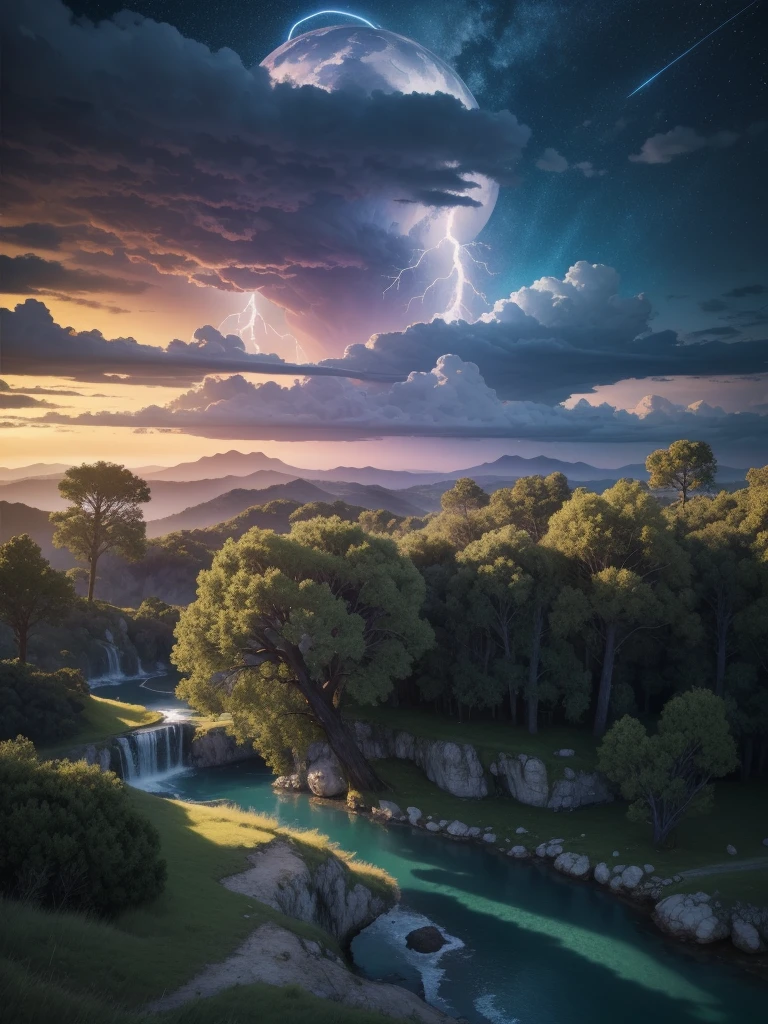 Surrealism, surrealistic, futurist, Surrealism Realm, Sky Surrealism, Celestial Tree, big tree, paisaje, panorama, Sky Heaven, naturey, palmtrees, Cedars, forst, Rivers of water, Thunder Light, Detailed Realistic FullHD Fotorrealism, Majestic, comely, fire, villany,  Thunders, Sky Thunders, Stars, photorrealistic 6K, UltraHD Detailed, detailed colors 8K, Elegant beauty, floor, stele, lightning strikes, heavens, Divine Sky, tempest, Towards the heavens, heavenly, Godlike, photorrealistic, Rendering, 4K, 8K, detailed textures, detailed shadows, padoru, detailed colors, Gods Sky, UltraHD 16K Details, 16K photorealistic textures, detailed sharpness 16K, detailed sharpness, detailed colors, realistic shadows, Ultra realistic textures, High Power, Natural Beauty, natural colors, realistic contrast, Texturas photorrealistics, detailed colors, lifelike colors, detailed shadows, Textuta photorrealistic FullHD, Sombras photorrealistics 8K, HD photorrealistic, 8K Ultra Realistic Details, Cor photorrealistic 4K, FullHD Detailed Lights, Texturas Detalhadas photorrealistics 8K, Nitidez photorrealistic, villany, detailed 4k, ultra detaild, contraste realista de 8K, detailed sharpness, cores Ultra HD, chic,