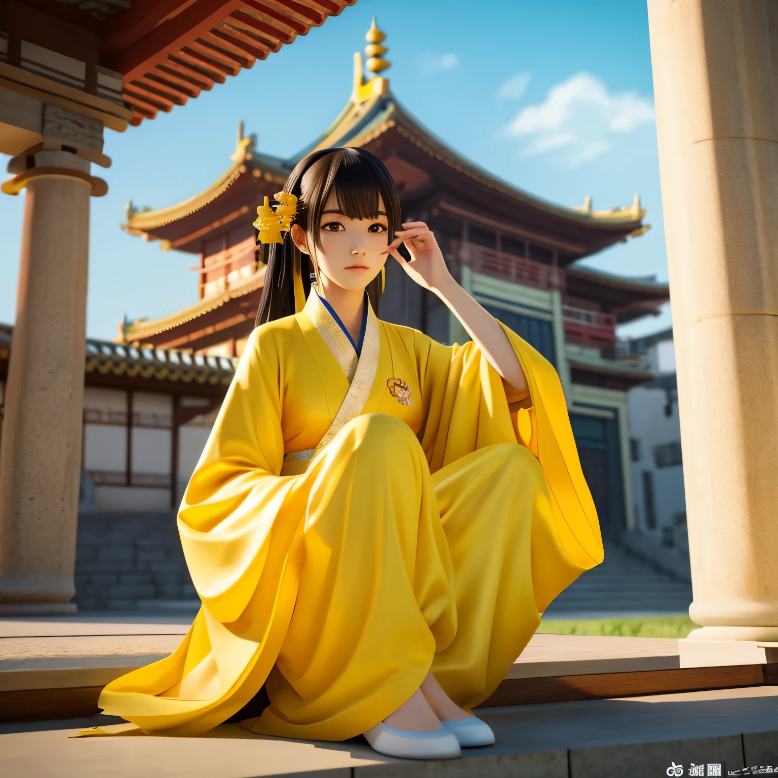 araffe woman in a yellow kimono sitting on a ledge, palace , a girl in hanfu, realistic anime 3 d style, artwork in the style of guweiz, beautiful character painting, 3 d anime realistic, trending on cgstation, anime styled 3d, wearing ancient chinese clothes, chinese girl, artgerm and atey ghailan