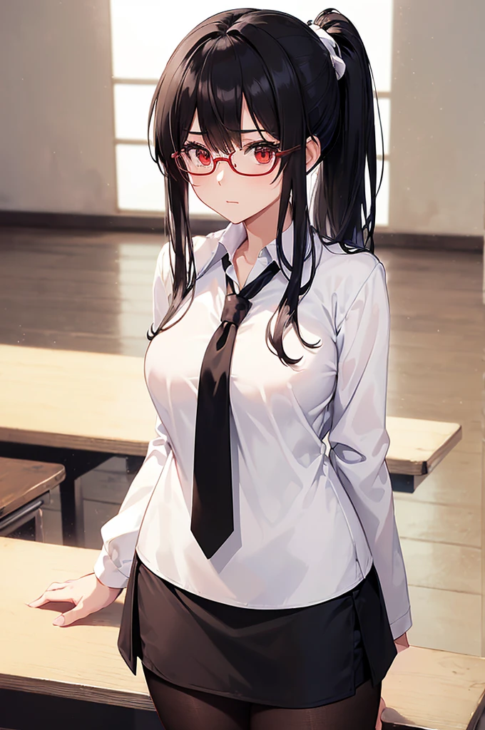 (masterpiece; best quality: 1.2), (finely detailed eyes: 1.3), ((25 year old woman)), ((solo)), (red eyes: 1.4), (body; gorgeous, soft, femenine: 1.3), (silky black hair + low ponytail: 1.3), (beautiful and clear background: 1.2), ((depth of field)), (equipment: white open labcoat + black shirt + white necktie + black long pencil skirt + black pantyhose + black square glasses: 1.3), (anime illustration: 1.2), (background composition; japanese highschool classroom + furniture: 1.1), (extremely fine and beautiful: 1.1), (shot composition; standing + centered on torso + close-up: 1.5), (expression; calm, stoic: 1.2)
