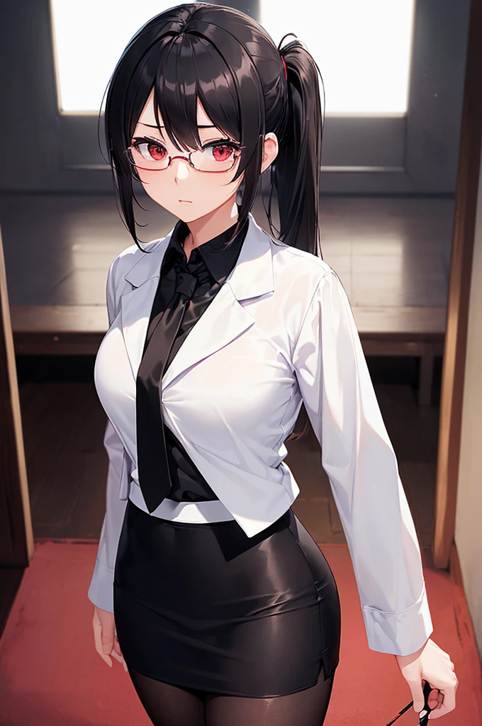 (masterpiece; best quality: 1.2), (finely detailed eyes: 1.3), ((25 year old woman)), ((solo)), (red eyes: 1.4), (body; gorgeous, soft, femenine: 1.3), (silky black hair + low ponytail: 1.3), (beautiful and clear background: 1.2), ((depth of field)), (equipment: white open labcoat + black shirt + white necktie + black long pencil skirt + black pantyhose + black square glasses: 1.3), (anime illustration: 1.2), (background composition; japanese highschool classroom + furniture: 1.1), (extremely fine and beautiful: 1.1), (shot composition; standing + centered on torso + close-up: 1.5), (expression; calm, stoic: 1.2)