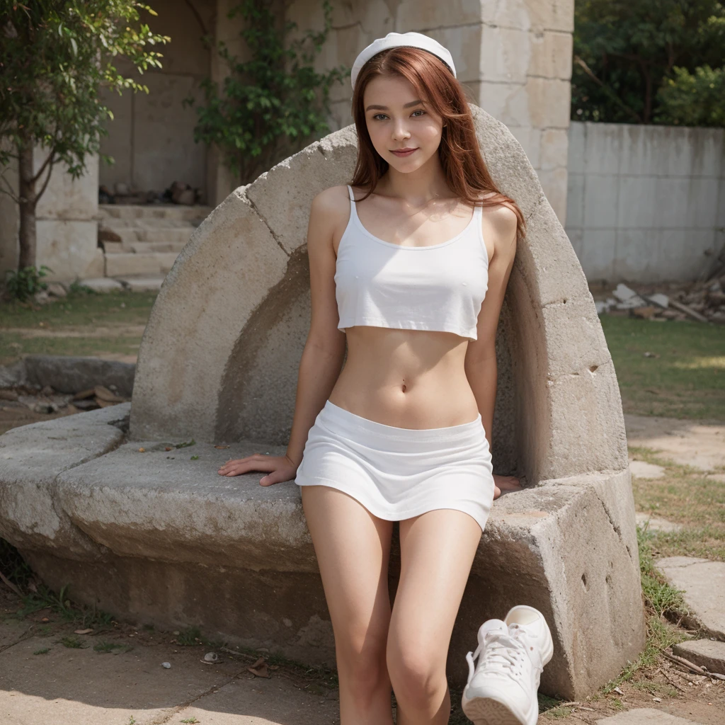 18-year-old girl similar to Chloë Grace Moretz, smiling, waist-length red hair, disheveled and disheveled, wears white fedora hat, white sleeveless blouse, blue miniskirt, tennis shoes, no socks, tight clothing, poses on ruins, probably part of A pre-Hispanic construction, it is completely exposed to the sun without any shade. intense direct sunlight, super realistic, clear sky, perfect body, correct proportions and perspectives, masterpiece, realistic photo, natural lighting from direct sunlight, outdoors
