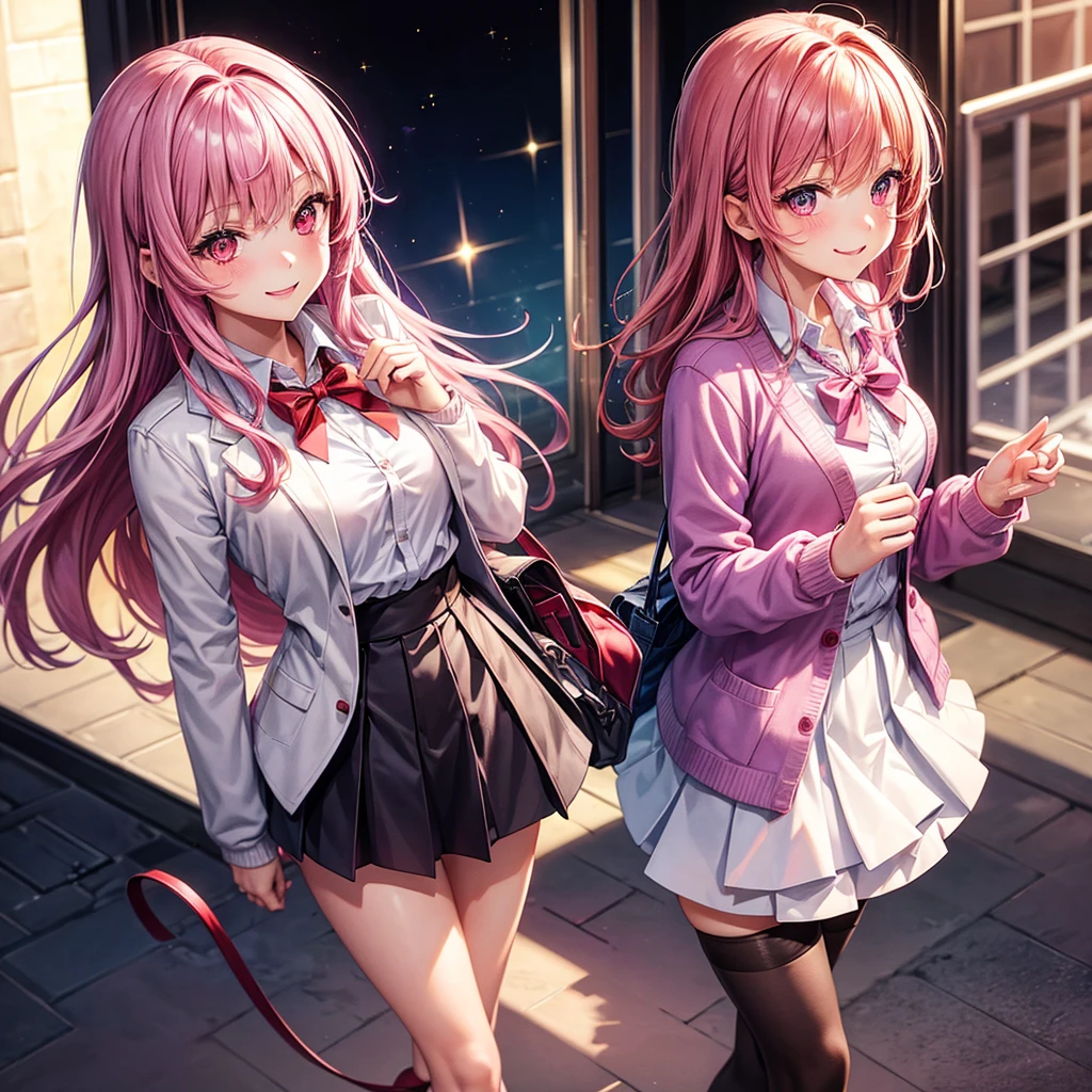 Best Quality，middle School girls，，smile，Red eyes，Pink hair color，Sparkling eyes，cardigan，Purple Uniform，beautiful girl，blazer，Beautiful girls，Absurd，Naughty Girls，White mini skirt，tights，Horny girl，Red ribbon