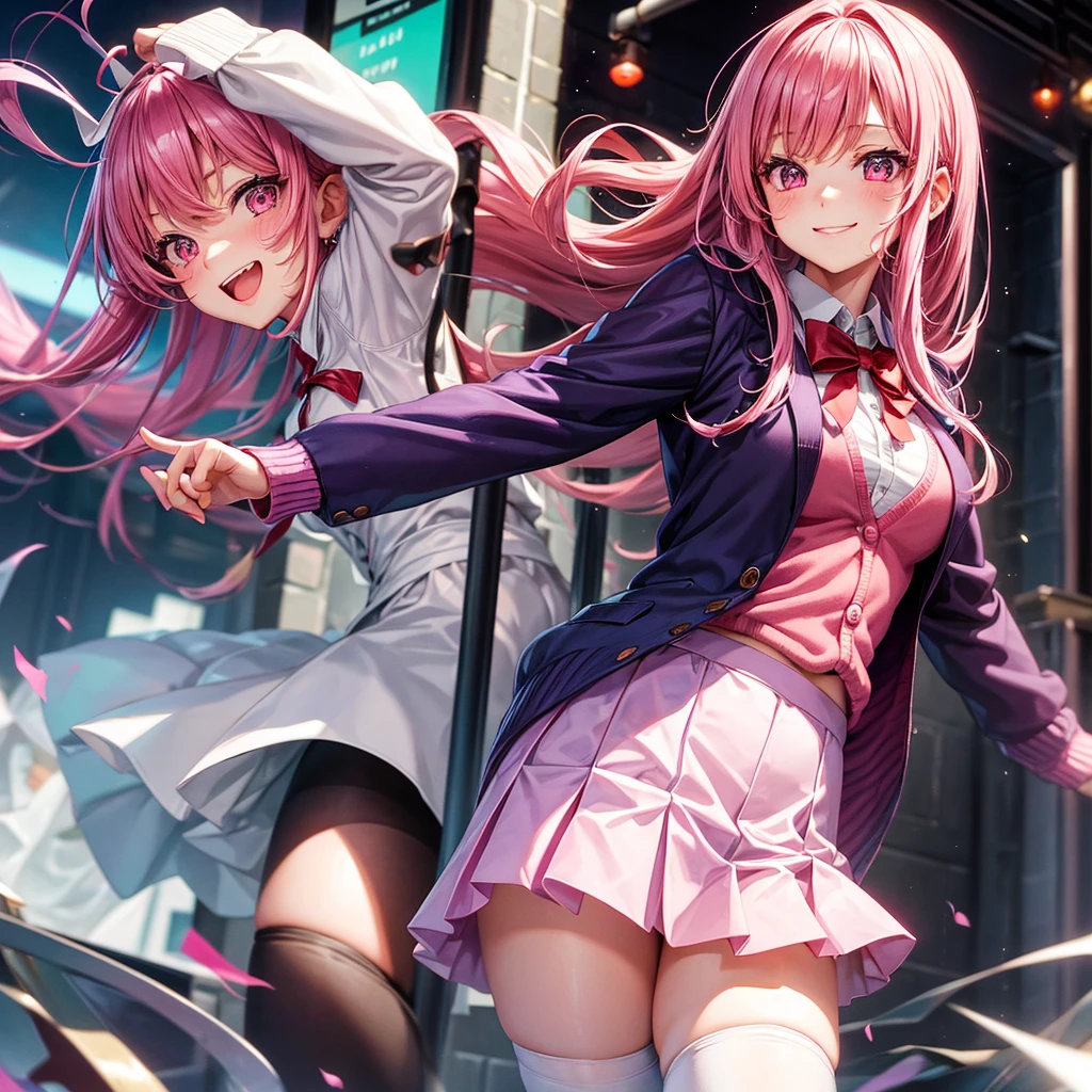 Best Quality，middle School girls，，smile，Red eyes，Pink hair color，Sparkling eyes，cardigan，Purple Uniform，beautiful girl，blazer，Beautiful girls，Absurd，Naughty Girls，White mini skirt，tights，Horny girl，Red ribbon