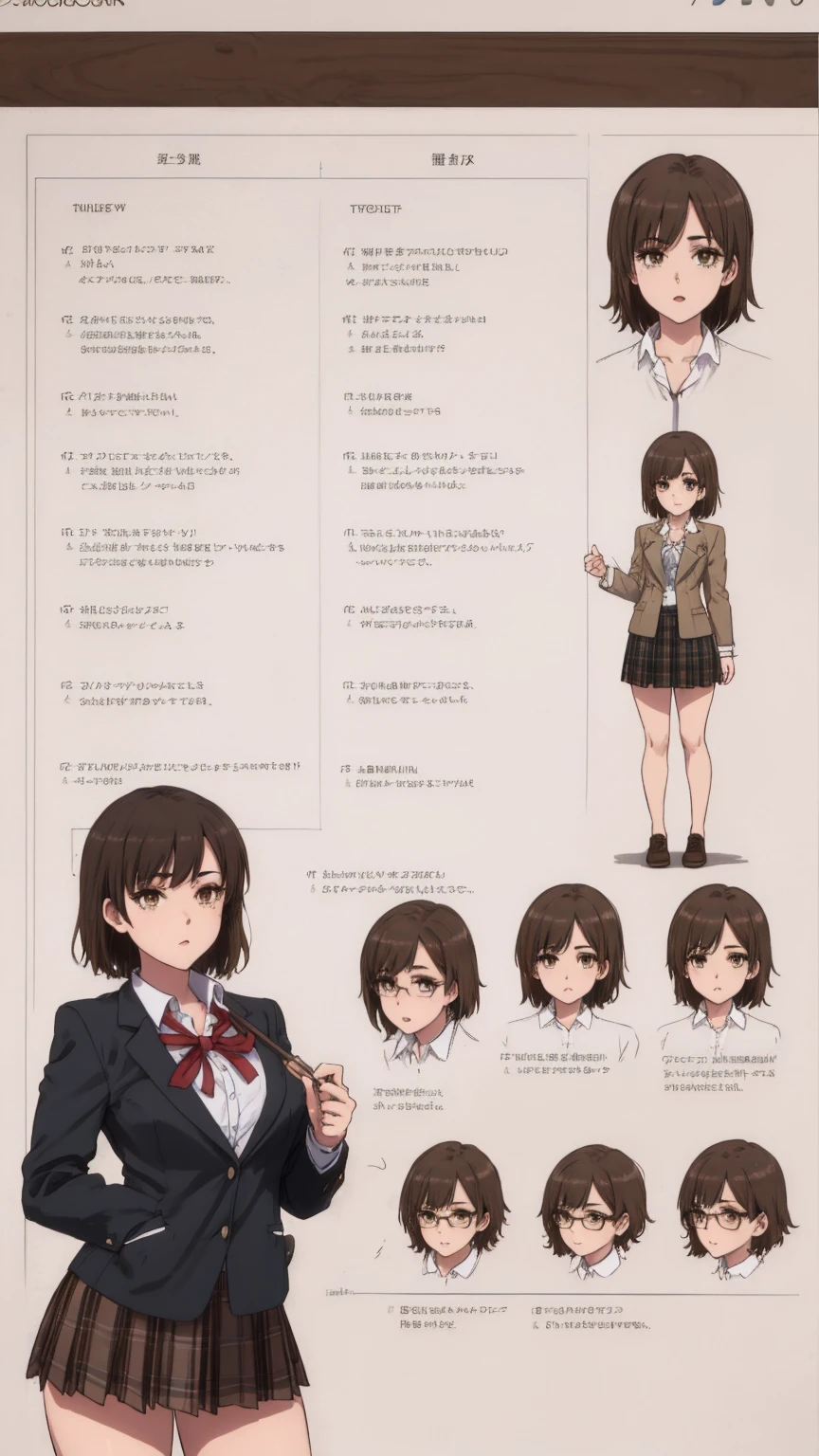 girl, alone, whole body, From head to toe, Are standing, (Huge_chest:1.3), (short_skirt:1.2), mini skirt, (very short_skirt:1.2)

Character design sheet, Character Reference Sheet, Character Turnaround,

Ebina Hina, short hair, Brown Hair, Black Hair, (Brown eyes:1.5), Glasses,

skirt, ribbon, , Jacket, black Jacket, Plaid, Plaid skirt, blazer, The room is expensive ,