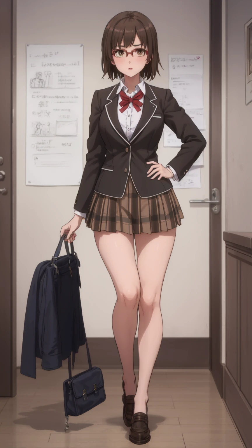 girl, alone, whole body, From head to toe, Are standing, (Huge_chest:1.3), (short_skirt:1.2), mini skirt, (very short_skirt:1.2)

Character design sheet, Character Reference Sheet, Character Turnaround,

Ebina Hina, short hair, Brown Hair, Black Hair, (Brown eyes:1.5), Glasses,

skirt, ribbon, , Jacket, black Jacket, Plaid, Plaid skirt, blazer, The room is expensive ,