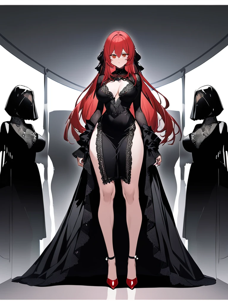 Lots of lace、Black Dress、red heels、Long Red Hair、Standing、Beautiful woman、Highest quality、Kurobane