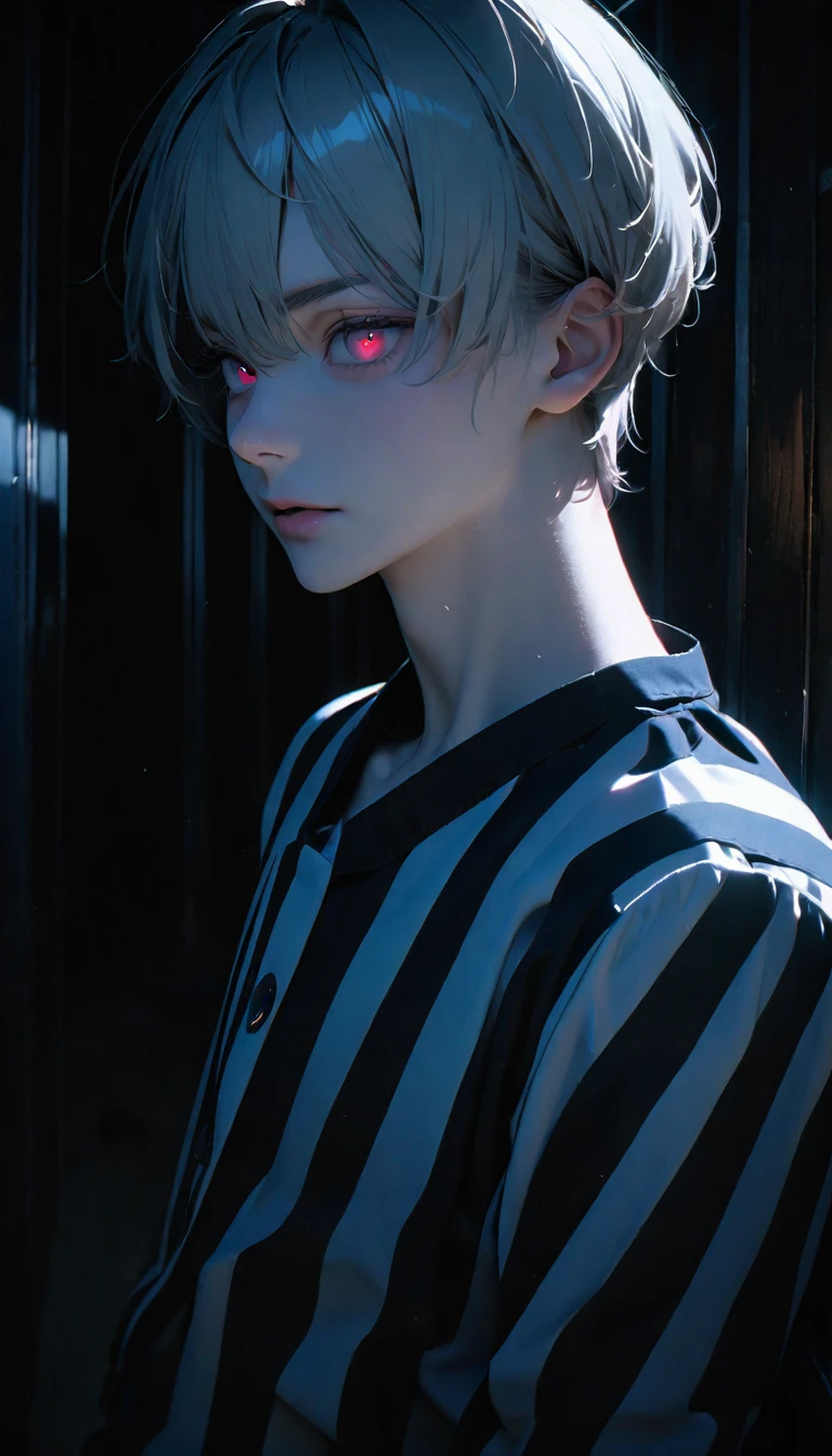 (8K, RAW photos, best quality, masterpiece: 1.4), (((Boy examining himself)))，Ultra-high resolution, Extremely detailed, Dim Lights, Upper body close-up, handsome boy, black eyes, (delicate eyes, Eyes are bright:1.2), Gray short hair, Fair skin,dark, Black and white striped prison uniform,Black and white striped prison pants,(perfect anatomy:1.2), High-quality shadows, Natural Lighting, (White highlights:1.2), night, cloudy day, (Dimly lit cells:1.2), (Metal walls all around:1.2)