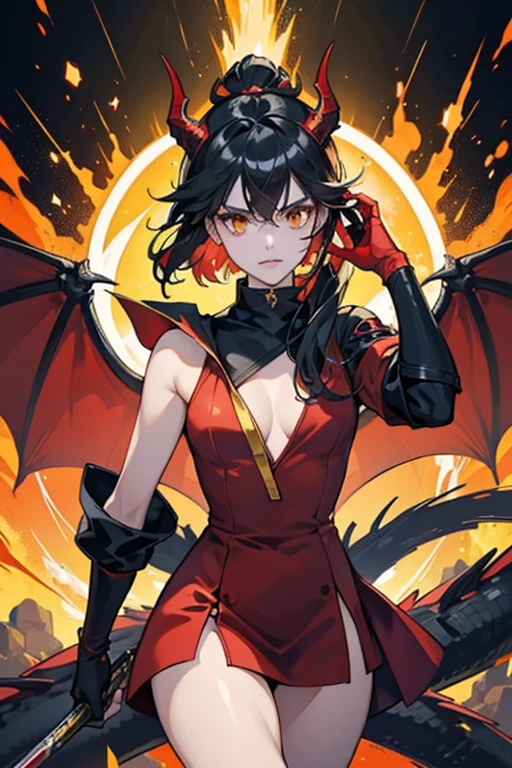 As Ryuko, she wears a vivid red and black dragon-themed superhero jumpsuit with the image of a black dragon's tail, outlined in brilliant golden yellow, curling from her left leg up to her to her chest. The end of the tail curves around the symbol containing the images that represent the three elements she controls: lightning, air and water. She also has a black collar/turtleneck (where she has her choker), black forearm-length gloves and black legs starting in the middle of her lower legs, both with yellow outlining. On the back of her head, she has four red dragon-like horns with yellow tips with black outlining and, on her back, she has a holder for her sword. On her face, she wears a red mask around her eyes with yellow and black outlining at the base of the sides. Her eyes also become moderate amber with vivid yellow scleras. SPARKLE; GLITTER