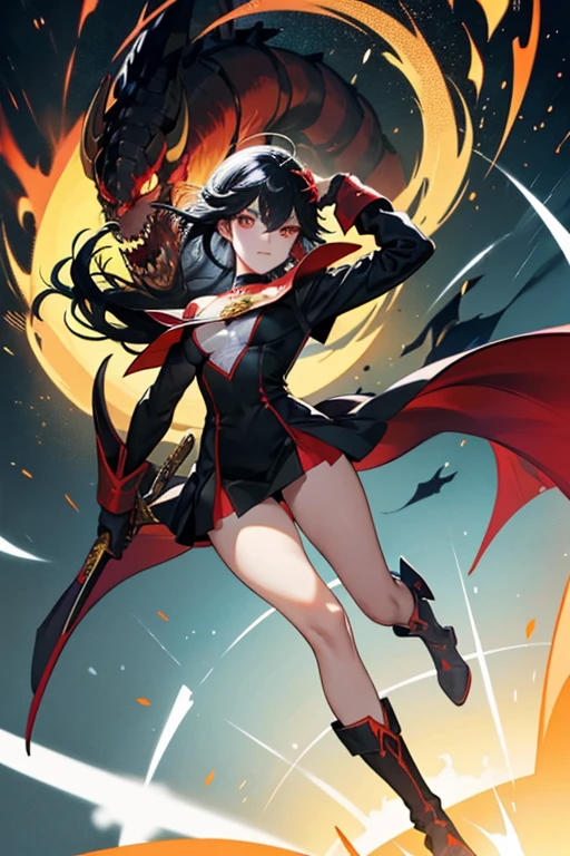 As Ryuko, she wears a vivid red and black dragon-themed superhero jumpsuit with the image of a black dragon's tail, outlined in brilliant golden yellow, curling from her left leg up to her to her chest. The end of the tail curves around the symbol containing the images that represent the three elements she controls: lightning, air and water. She also has a black collar/turtleneck (where she has her choker), black forearm-length gloves and black legs starting in the middle of her lower legs, both with yellow outlining. On the back of her head, she has four red dragon-like horns with yellow tips with black outlining and, on her back, she has a holder for her sword. On her face, she wears a red mask around her eyes with yellow and black outlining at the base of the sides. Her eyes also become moderate amber with vivid yellow scleras. SPARKLE; GLITTER