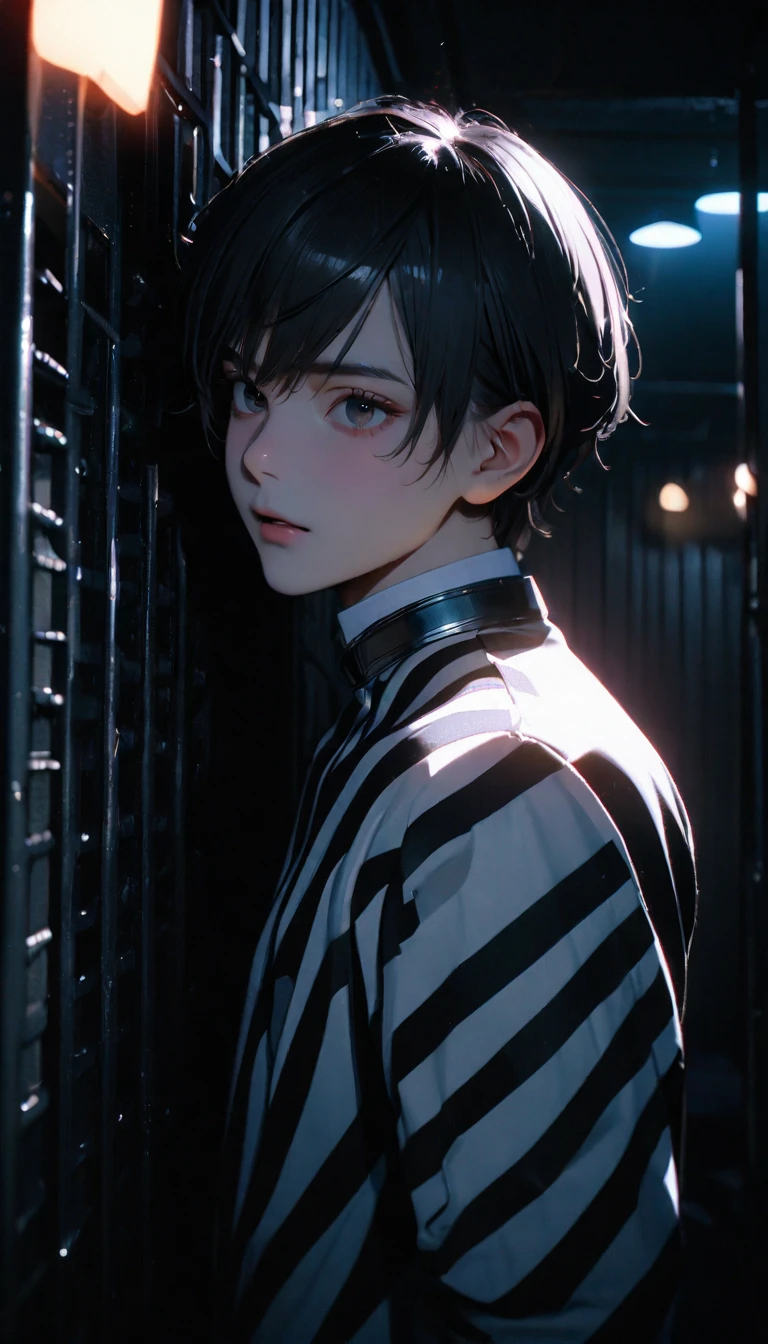 (8K, RAW photos, best quality, masterpiece: 1.4), (((Boy examining himself)))，Ultra-high resolution, Extremely detailed, Dim Lights, Upper body close-up, handsome boy, black eyes, (delicate eyes, Eyes are bright:1.2), Gray short hair, Fair skin,dark, Black and white striped prison uniform,Black and white striped prison pants,(perfect anatomy:1.2), High-quality shadows, Natural Lighting, (White highlights:1.2), night, cloudy day, (Dimly lit cells:1.2), (Metal walls all around:1.2)