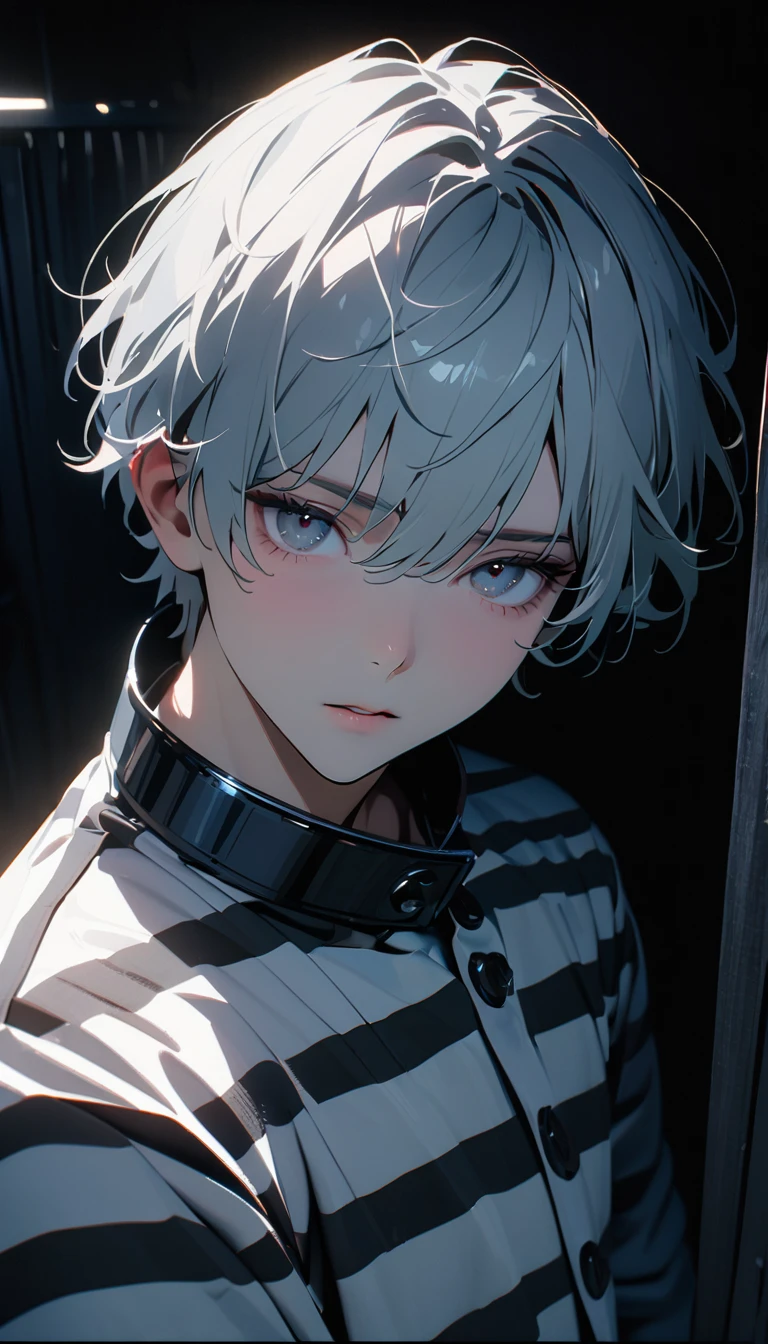 (8K, RAW photos, best quality, masterpiece: 1.4), (((Boy examining himself))),Ultra-high resolution, Extremely detailed, Dim Lights, Upper body close-up, handsome boy, black eyes, (delicate eyes, Eyes are bright:1.2), Gray short hair, Fair skin,dark, Black and white striped prison uniform,Black and white striped prison pants,(perfect anatomy:1.2), High-quality shadows, Natural Lighting, (White highlights:1.2), night, cloudy day, (Dimly lit cells:1.2), (Metal walls all around:1.2)