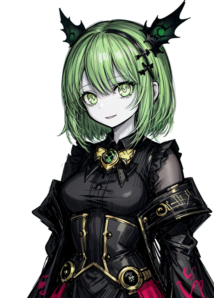 1girl, pale skin, lime eyes, lime hair, teacher, magician, pretty clothes, (high resolution, high detail, best quality),
black background, cheerful, smiling