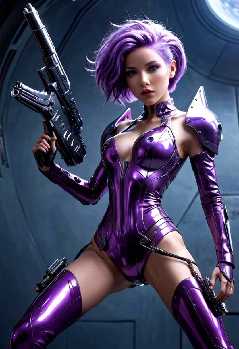 Luciwilde is a sexy cyborg with a entirely electric purple metallic body(obviously mechanical), metal helmet stylized as a fashion model hairdo (no hair visible), and a completely human face. She is flying through space propelled by jets in her feet. She has a guitar with a laser rifle built into it. Full body shot, show all of her, action pose with her weapon, best quality, extreme attention to detail, beautiful face