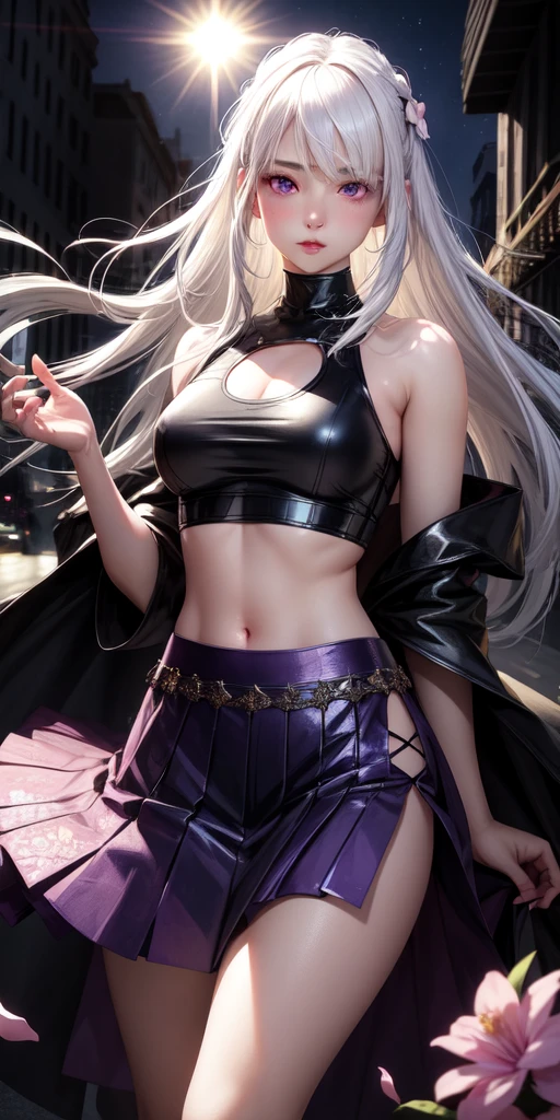 realistic, 1girl, white hair, purple eyes, glowing eyes, crop top, skirt, parted lips, blush, night, flowers, sun, sunlight,