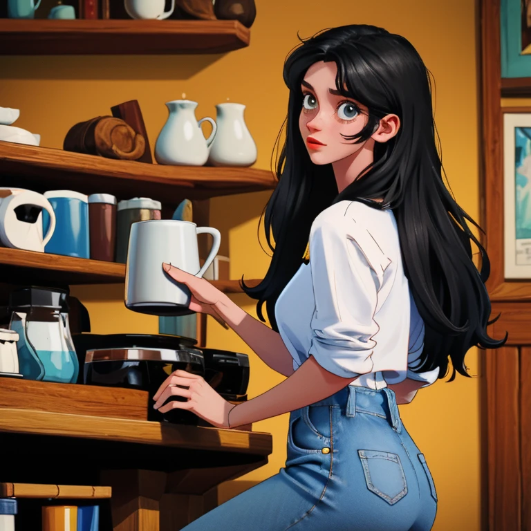 Beautiful woman , drinking coffee from a mug, white  shirt, jeans, cartoon-like, charming woman, black hair