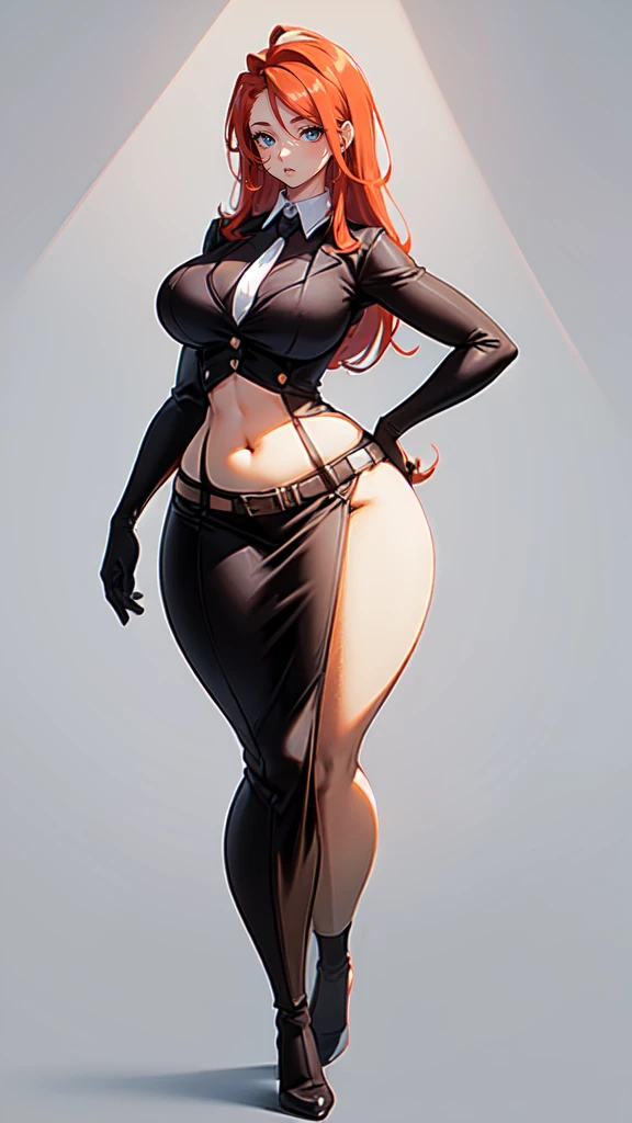 blank background, (((full body))), (masterpiece), ((best quality)), ((tall girl)), straight hair (curvy:1.8), (short skirt), shoes, belt below navel, redhead hair,, (black suit and tie), wide hips