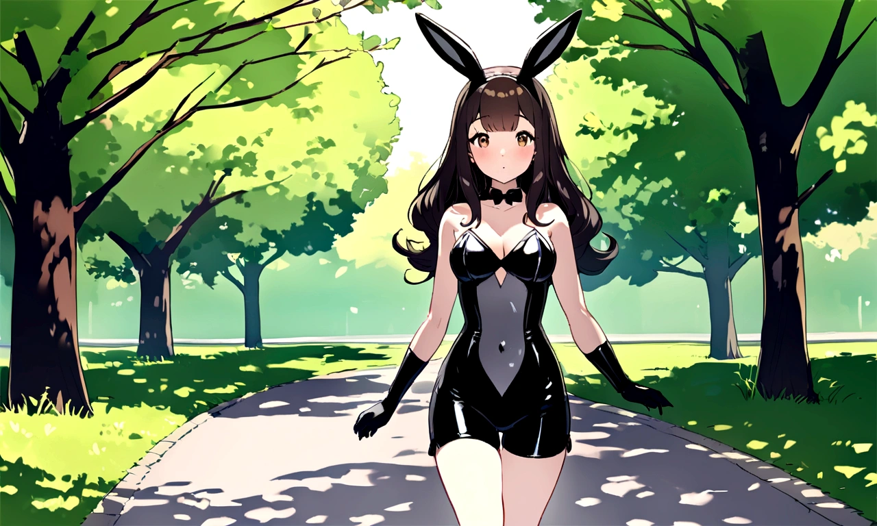 lovely lady, black long hair, shiny brown eyes, wears a jet black and gray bunny girl outfit, walking in the park