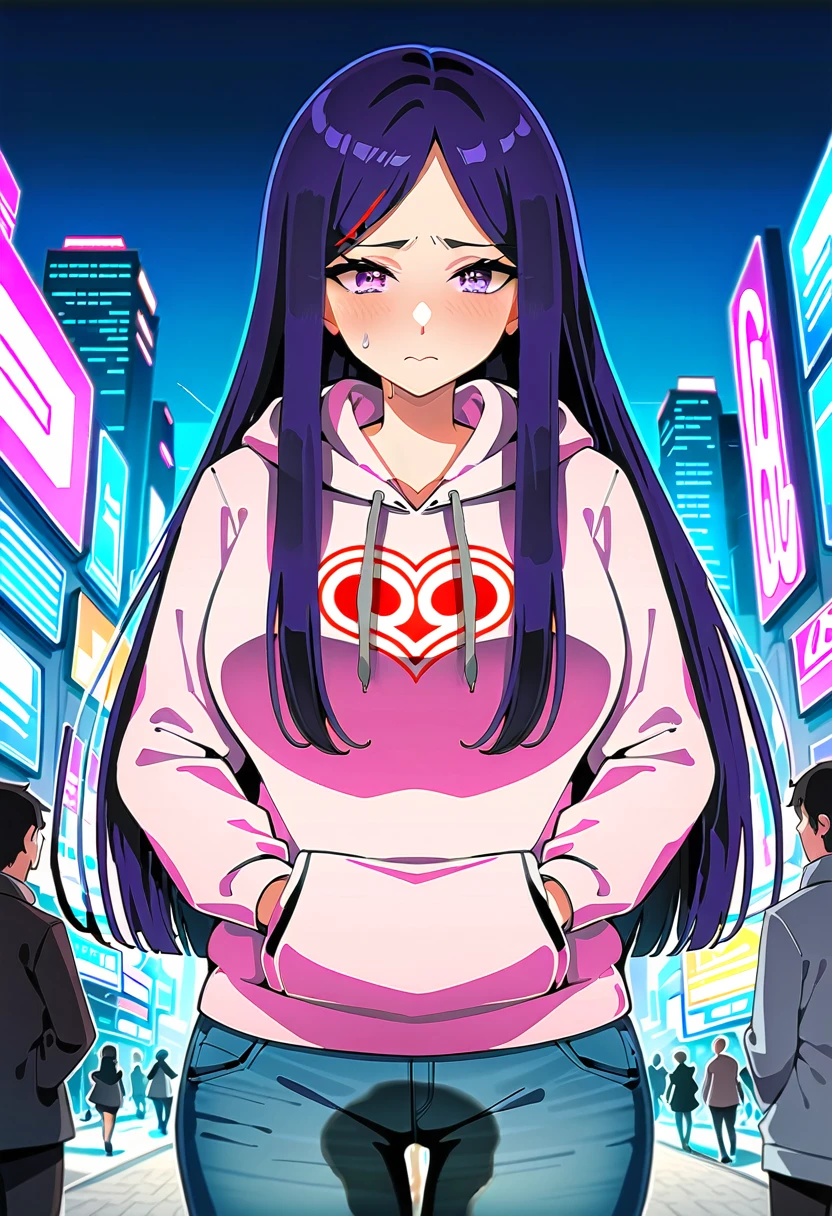 (masterpiece:1.37), best quality, (extremely detailed:1.37), woman, mature, adult, large breasts, very long hair, dark purple hair, purple eyes, (extremely detailed eyes:1.37), hoodie, jeans, desperation, (wetting self:2.0), standing, city, futuristic, neon lighting, high-tech, full body