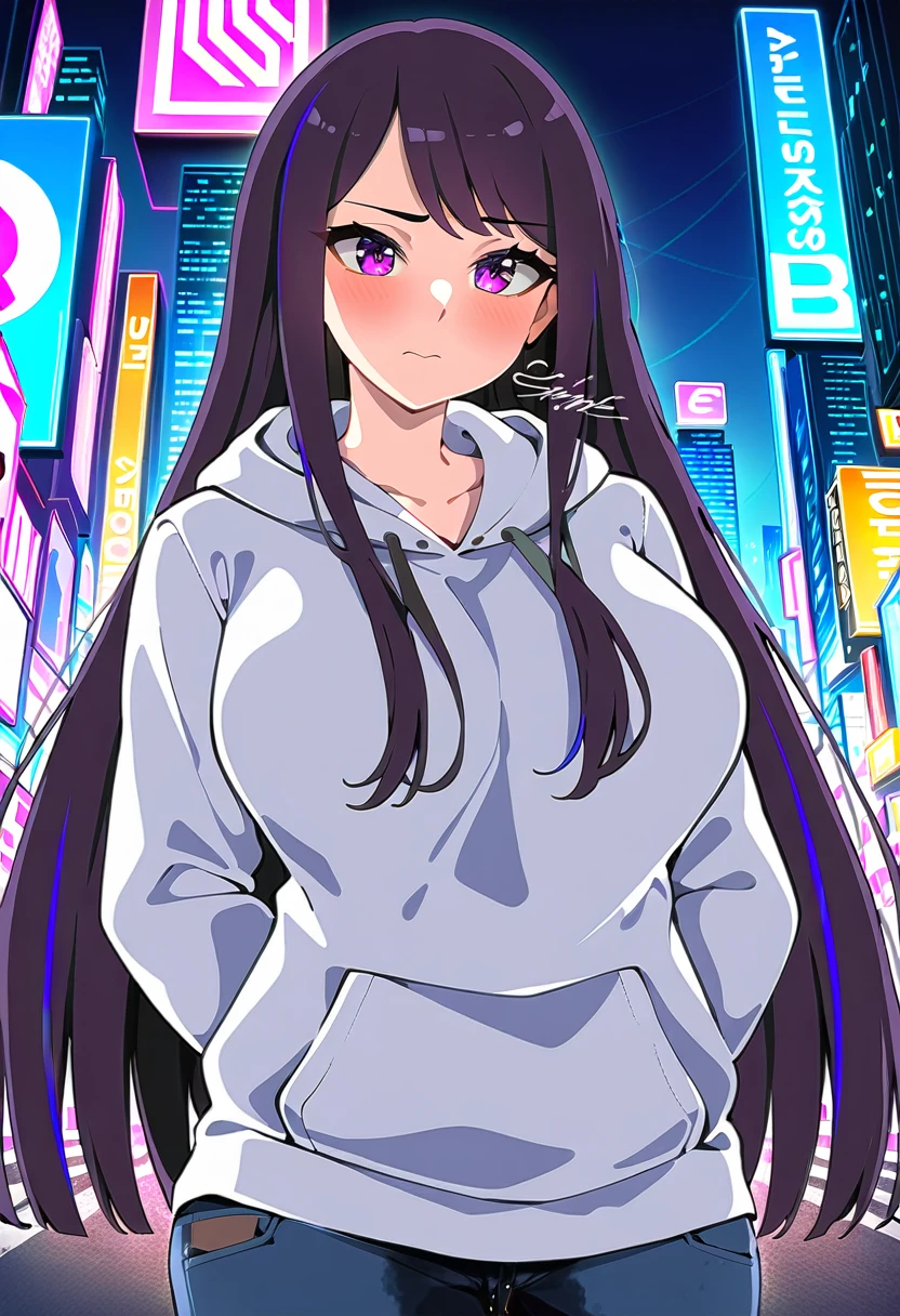 (masterpiece:1.37), best quality, (extremely detailed:1.37), woman, (mature:1.5), (adult:1.5), large breasts, very long hair, (straight hair:1.5), dark purple hair, purple eyes, (extremely detailed eyes:1.37), hoodie, jeans, desperation, wetting self, standing, embarrassed, humiliation, blushing, angry, city, futuristic, neon lighting, high-tech, street