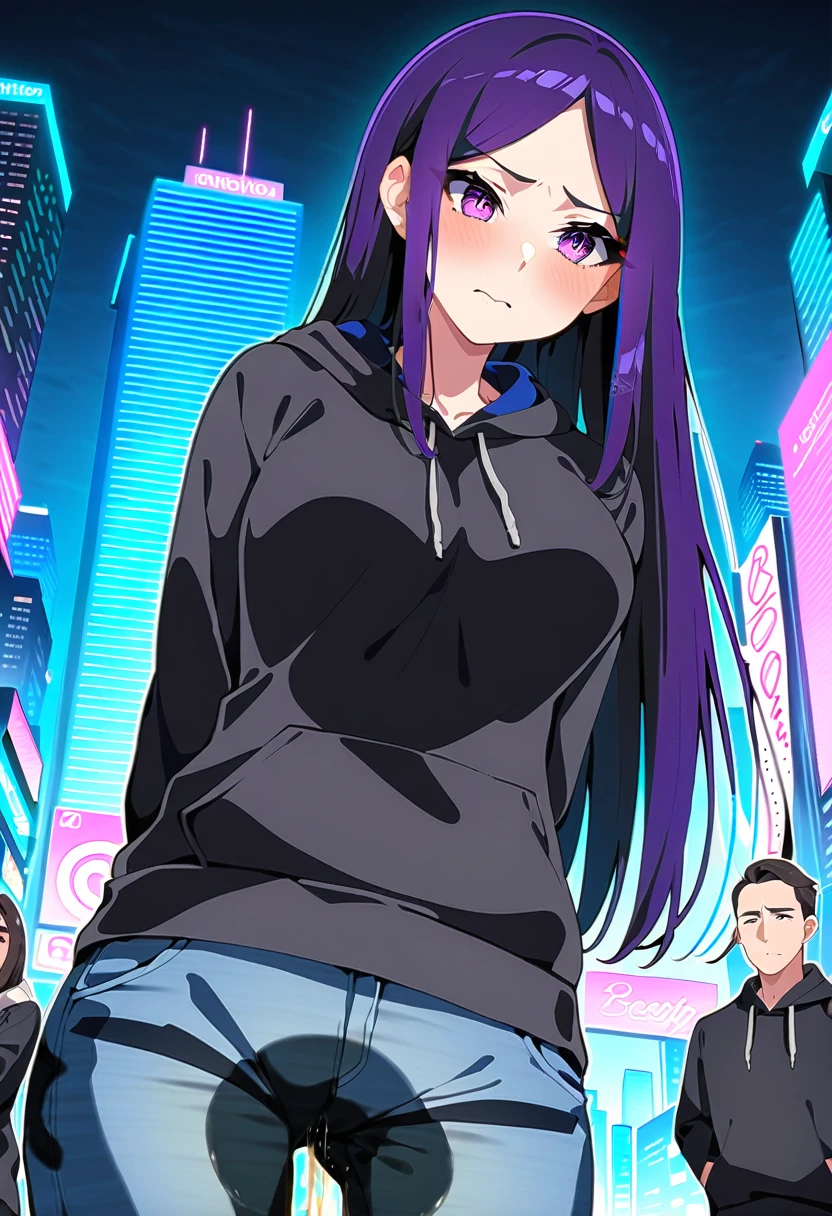 (masterpiece:1.37), best quality, (extremely detailed:1.37), woman, (mature:1.5), (adult:1.5), large breasts, very long hair, (straight hair:1.5), dark purple hair, purple eyes, (extremely detailed eyes:1.37), hoodie, jeans, desperation, wetting self, standing, embarrassed, humiliation, blushing, angry, city, futuristic, neon lighting, high-tech, street