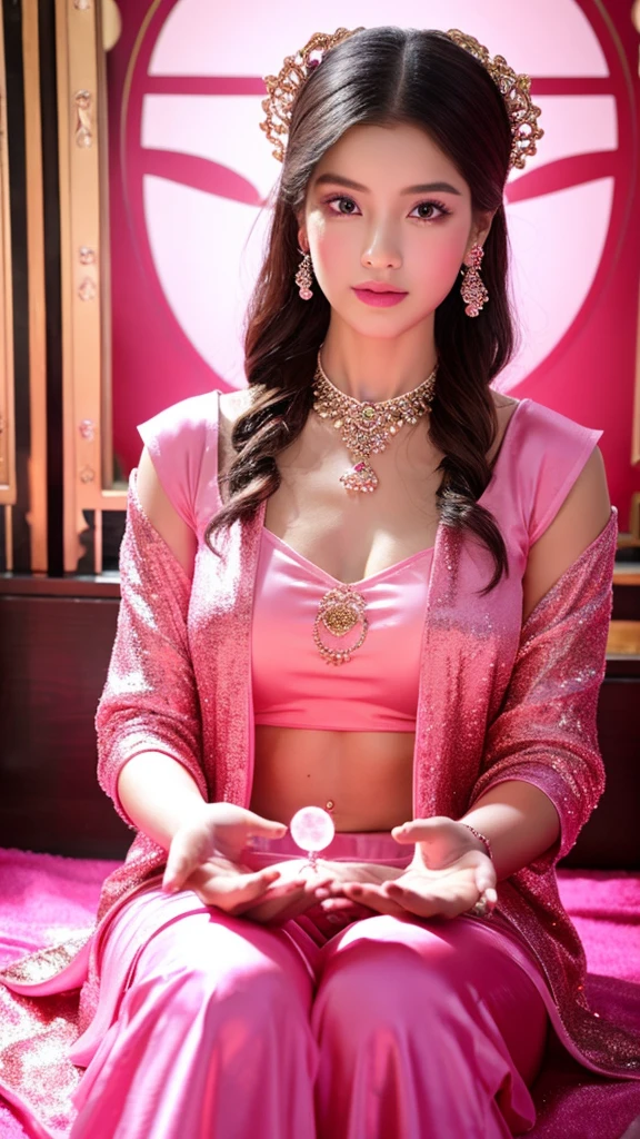 Young woman fortune teller holding a crystal ball in both hands、Pink outfit