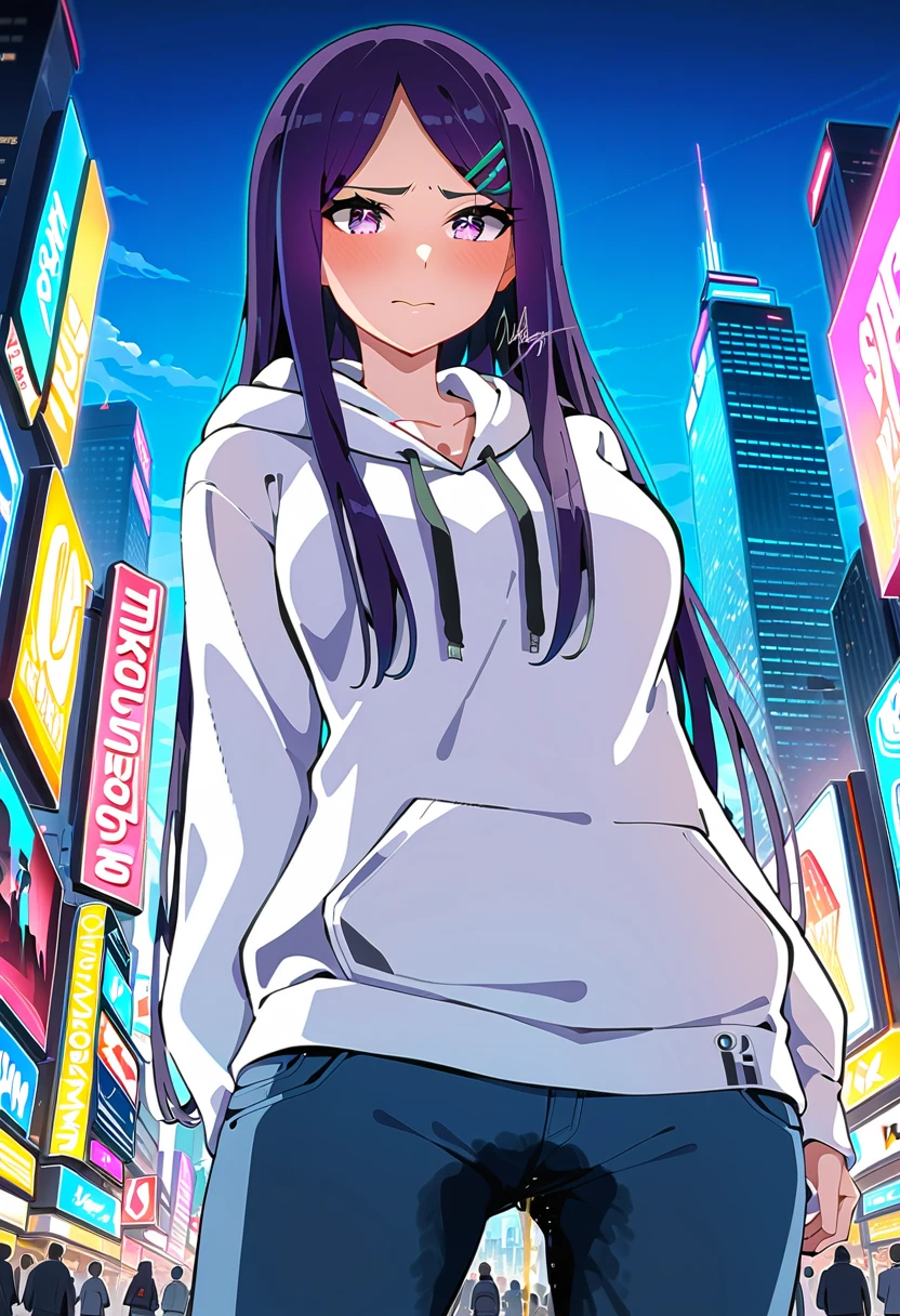 (masterpiece:1.37), best quality, (extremely detailed:1.37), woman, (mature:1.5), (adult:1.5), large breasts, very long hair, (straight hair:1.5), dark purple hair, purple eyes, (extremely detailed eyes:1.37), hoodie, jeans, desperation, wetting self, standing, embarrassed, humiliation, blushing, angry, city, futuristic, neon lighting, high-tech, street