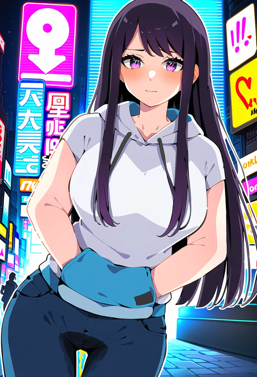 (masterpiece:1.37), best quality, (extremely detailed:1.37), woman, (mature:1.5), (adult:1.5), large breasts, very long hair, (straight hair:1.5), dark purple hair, purple eyes, (extremely detailed eyes:1.37), hoodie, jeans, desperation, wetting self, standing, embarrassed, humiliation, blushing, angry, city, futuristic, neon lighting, high-tech, street