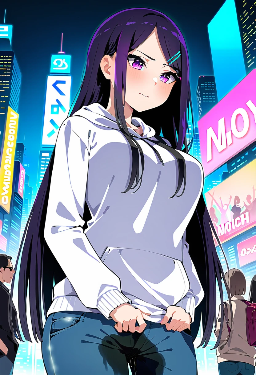 (masterpiece:1.37), best quality, (extremely detailed:1.37), woman, (mature:1.5), (adult:1.5), large breasts, very long hair, (straight hair:1.5), dark purple hair, purple eyes, (extremely detailed eyes:1.37), hoodie, jeans, desperation, wetting self, standing, embarrassed, humiliation, blushing, angry, city, futuristic, neon lighting, high-tech, street