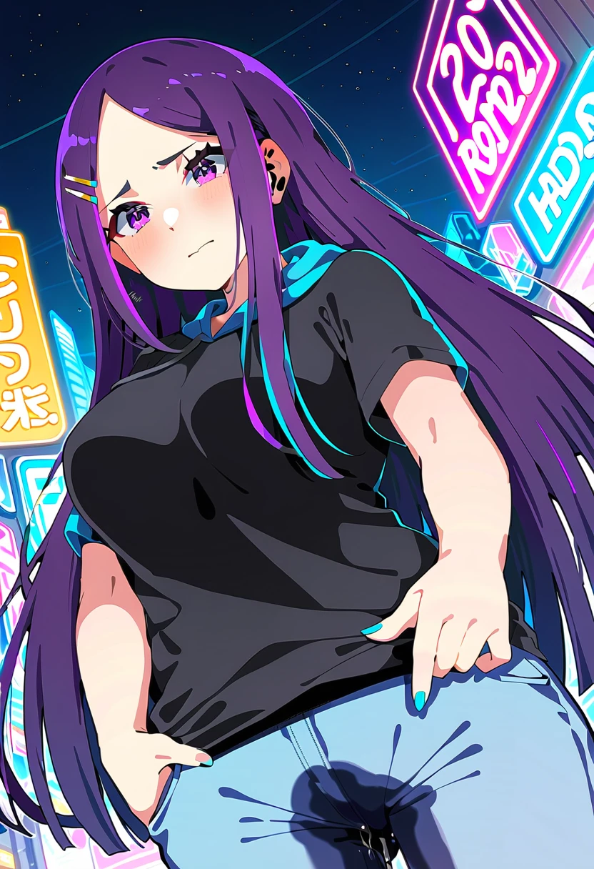 (masterpiece:1.37), best quality, (extremely detailed:1.37), woman, (mature:1.5), (adult:1.5), large breasts, very long hair, (straight hair:1.5), dark purple hair, purple eyes, (extremely detailed eyes:1.37), hoodie, jeans, desperation, wetting self, standing, embarrassed, humiliation, blushing, angry, city, futuristic, neon lighting, high-tech, street