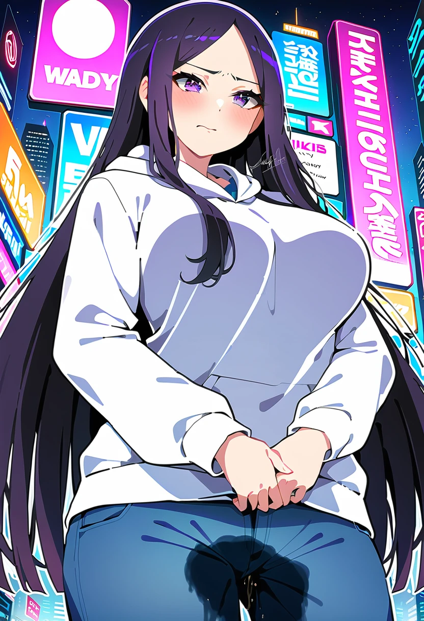 (masterpiece:1.37), best quality, (extremely detailed:1.37), woman, (mature:1.5), (adult:1.5), large breasts, very long hair, (straight hair:1.5), dark purple hair, purple eyes, (extremely detailed eyes:1.37), hoodie, jeans, desperation, wetting self, standing, embarrassed, humiliation, blushing, angry, city, futuristic, neon lighting, high-tech, street