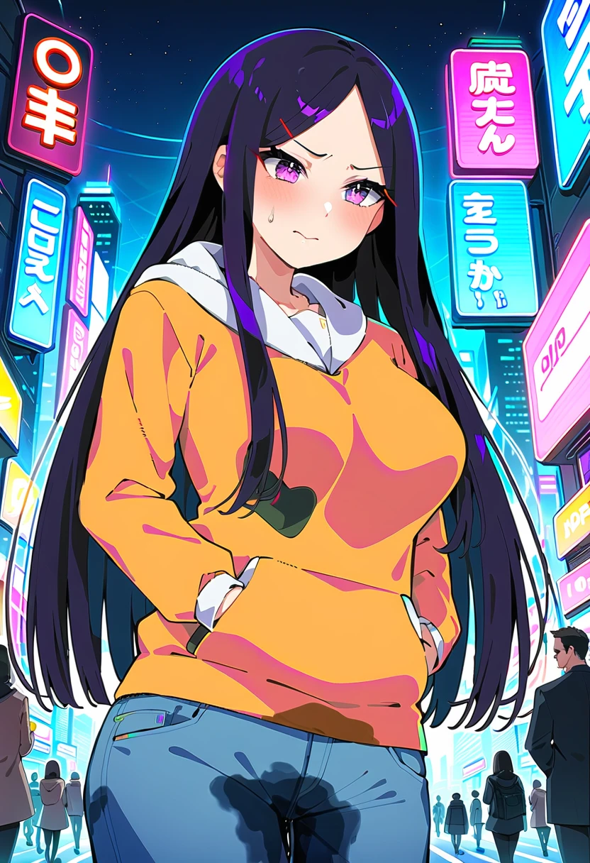 (masterpiece:1.37), best quality, (extremely detailed:1.37), woman, (mature:1.5), (adult:1.5), large breasts, very long hair, (straight hair:1.5), dark purple hair, purple eyes, (extremely detailed eyes:1.37), hoodie, jeans, desperation, wetting self, standing, embarrassed, humiliation, blushing, angry, city, futuristic, neon lighting, high-tech, street