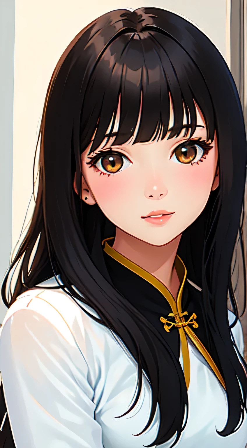 Anime girl with long black hair and a white shirt - SeaArt AI