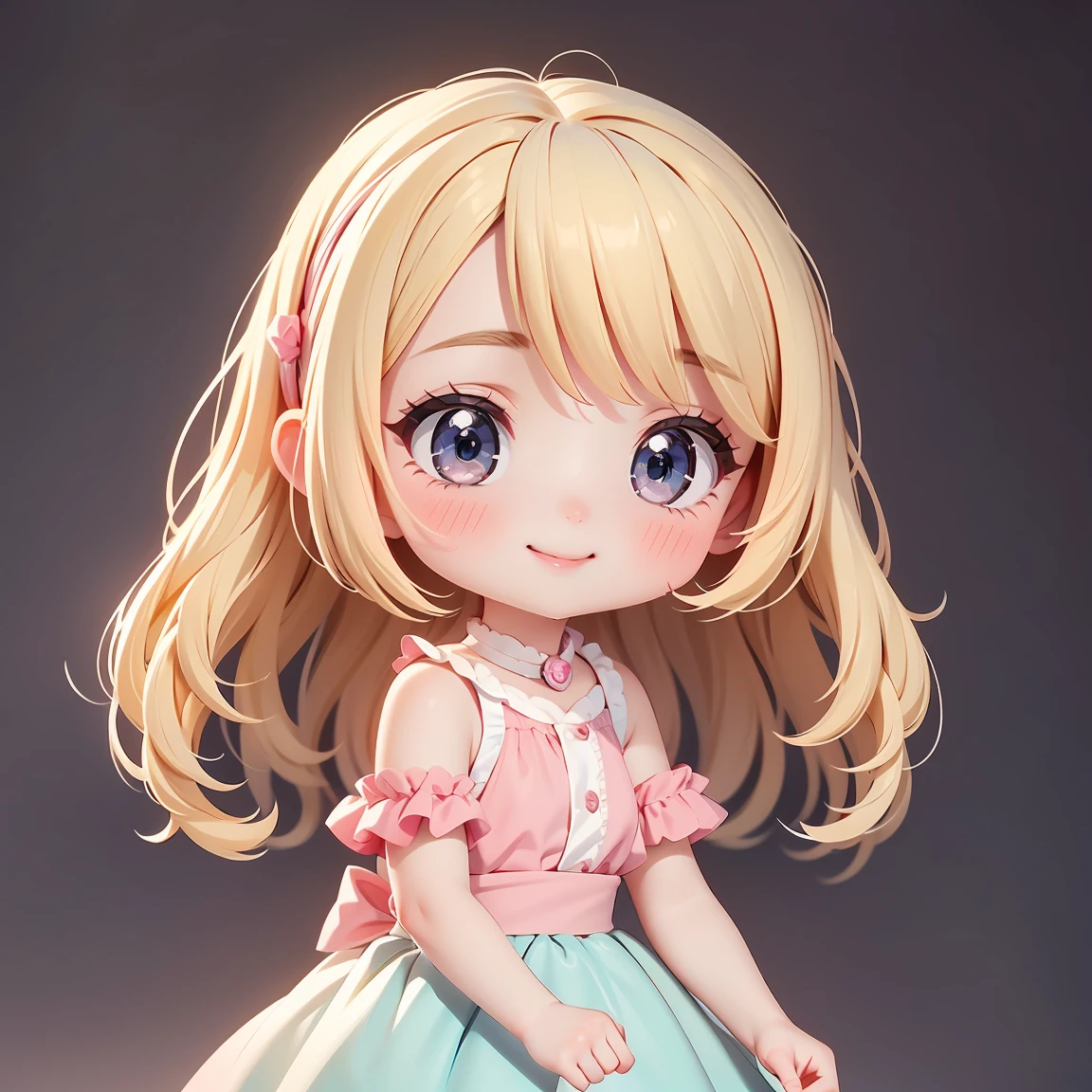 Super Chibi Character:1.8、Wearing cute shoes、The gaze is looking at us、background:simple、Blonde Hair、Cute 7 year old girl、pink cinderella dress、smile:1.5、Glad with open arms