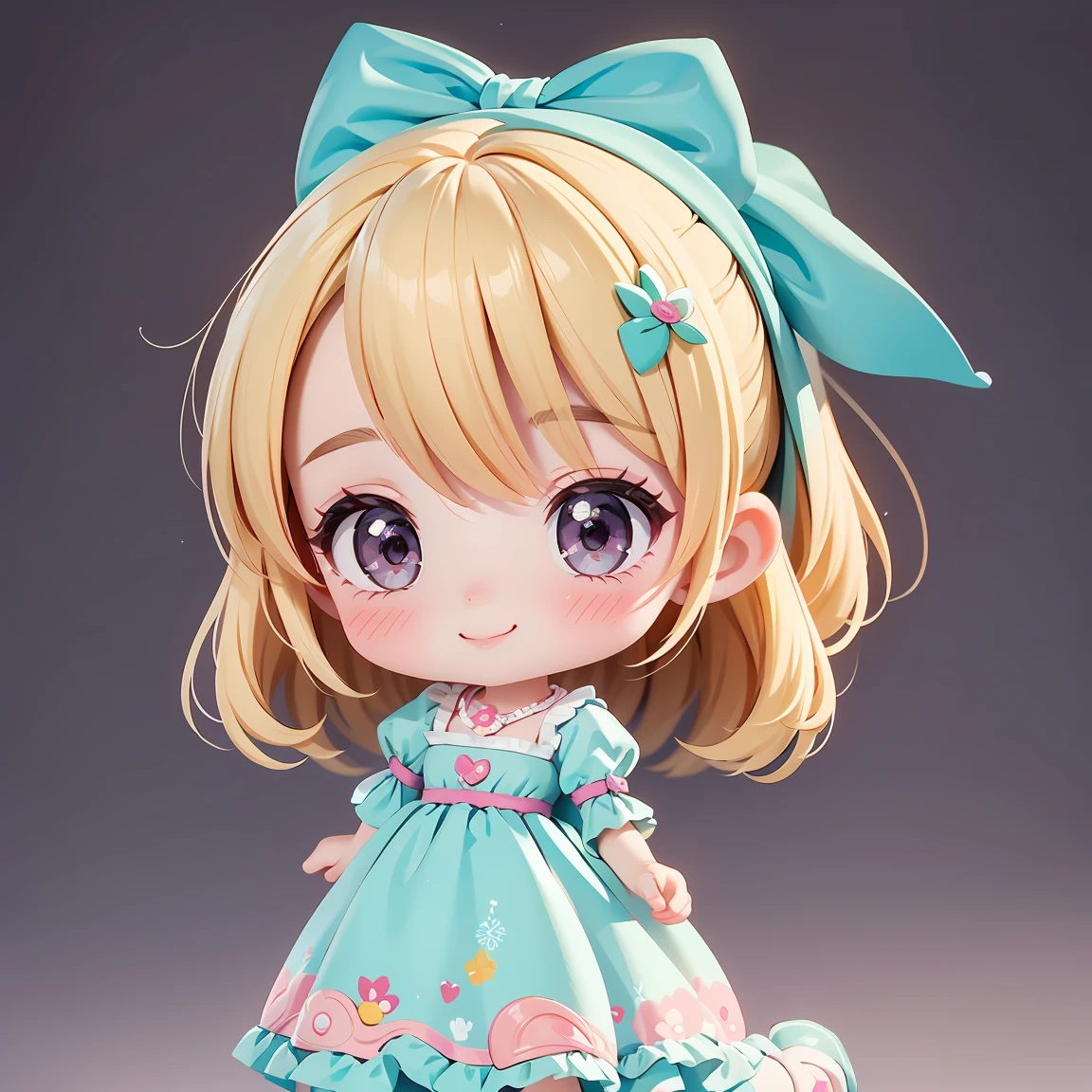  Super Chibi Character：1.8、Wearing cute shoes、The gaze is looking at us、background：simple、Blonde Hair、Cute 7 year old girl、pink cinderella dress、smile：1.5、Glad with open arms