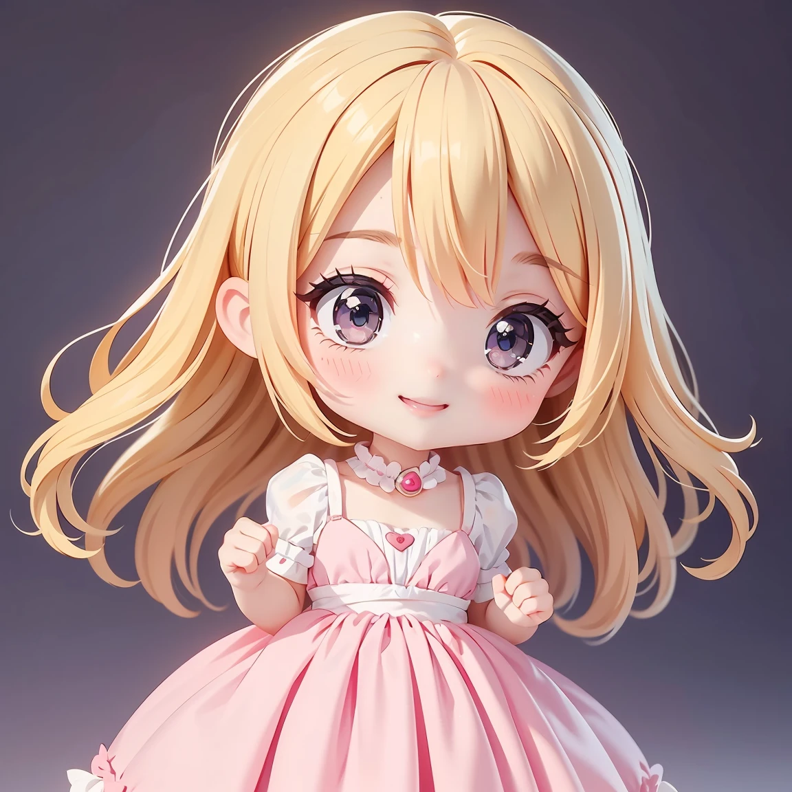 Super Chibi Character:1.8、Wearing cute shoes、The gaze is looking at us、background:simple、Blonde Hair、Cute 7 year old girl、pink cinderella dress、smile:1.5、Glad with open arms