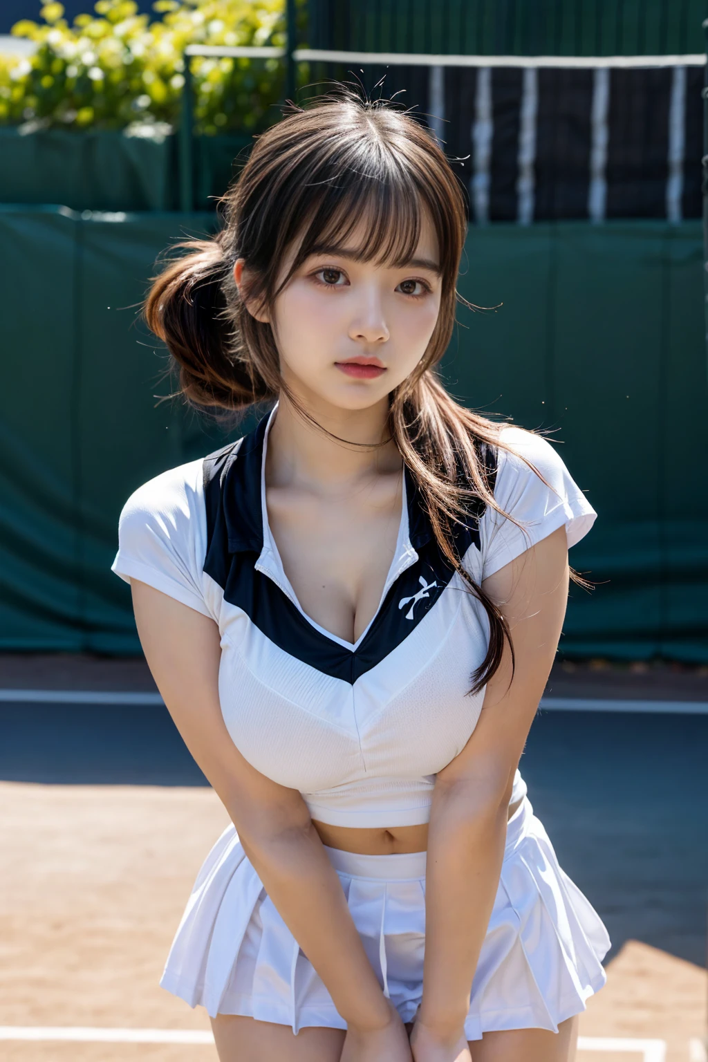 masterpiece, best quality, illustration, Super detailed, fine details, High resolution, 8K,wall paper, perfect dynamic composition, front view, standing, 18 year old girl, tennis player, Gravure Idol, cute type, (Details High quality, realistic depiction of eyes:1.3), (Colossal tits:1.2), expresses the roundness and softness of your chest., low ponytail, bangs, black hair color, Dark makeup, Big Natural Color Lip, thick thighs, perfect body shape, plump figure, large hips, beautiful clavicle, white tennis uniform, short sleeve, shirt, skirt, socks, tennis shoes, depth of fields, natural lighting