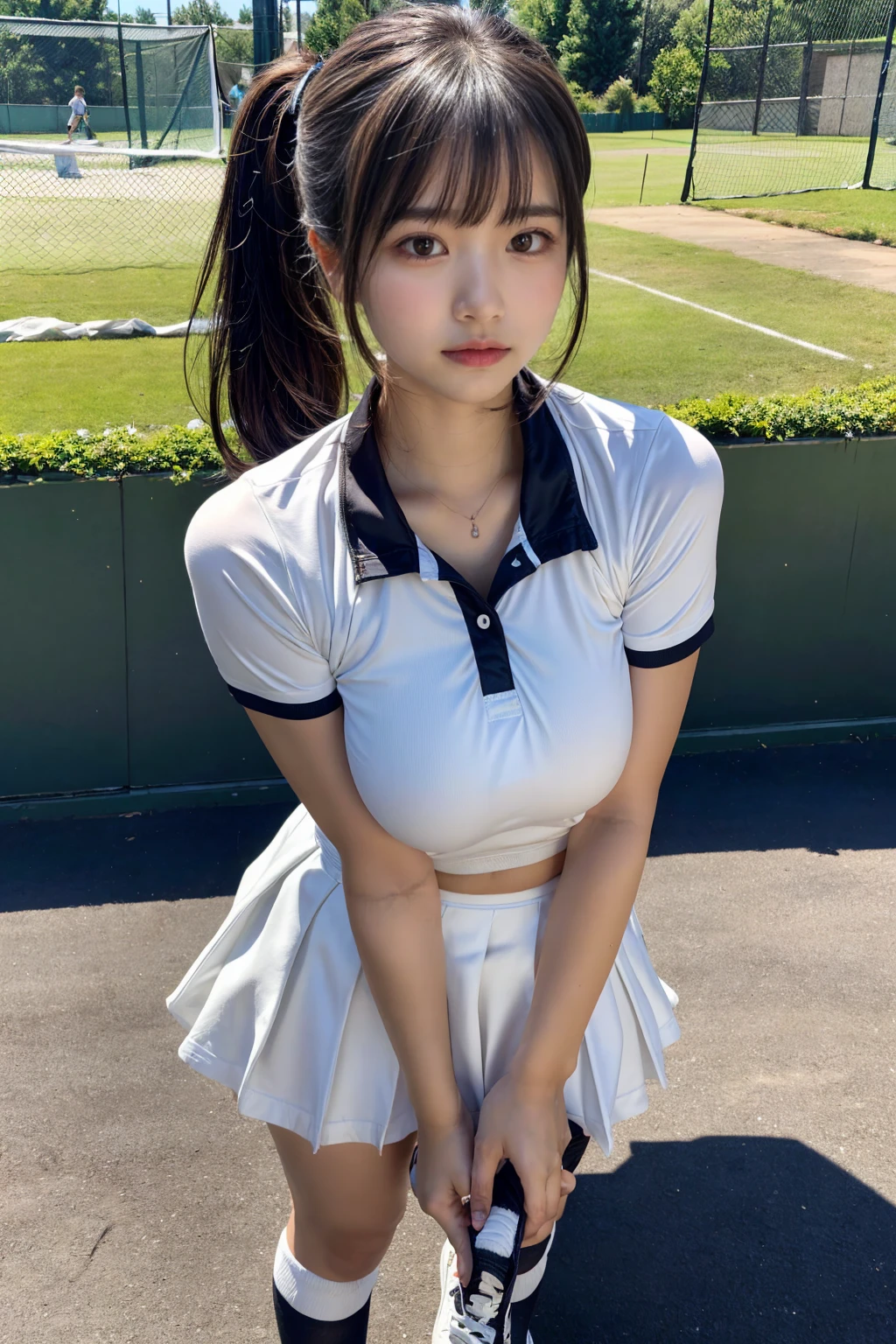 masterpiece, best quality, illustration, Super detailed, fine details, High resolution, 8K,wall paper, perfect dynamic composition, front view, standing, 18 year old girl, tennis player, Gravure Idol, cute type, (Details High quality, realistic depiction of eyes:1.3), (Colossal tits:1.2), expresses the roundness and softness of your chest., low ponytail, bangs, black hair color, Dark makeup, Big Natural Color Lip, thick thighs, perfect body shape, plump figure, large hips, beautiful clavicle, white tennis uniform, short sleeve, shirt, skirt, socks, tennis shoes, depth of fields, natural lighting
