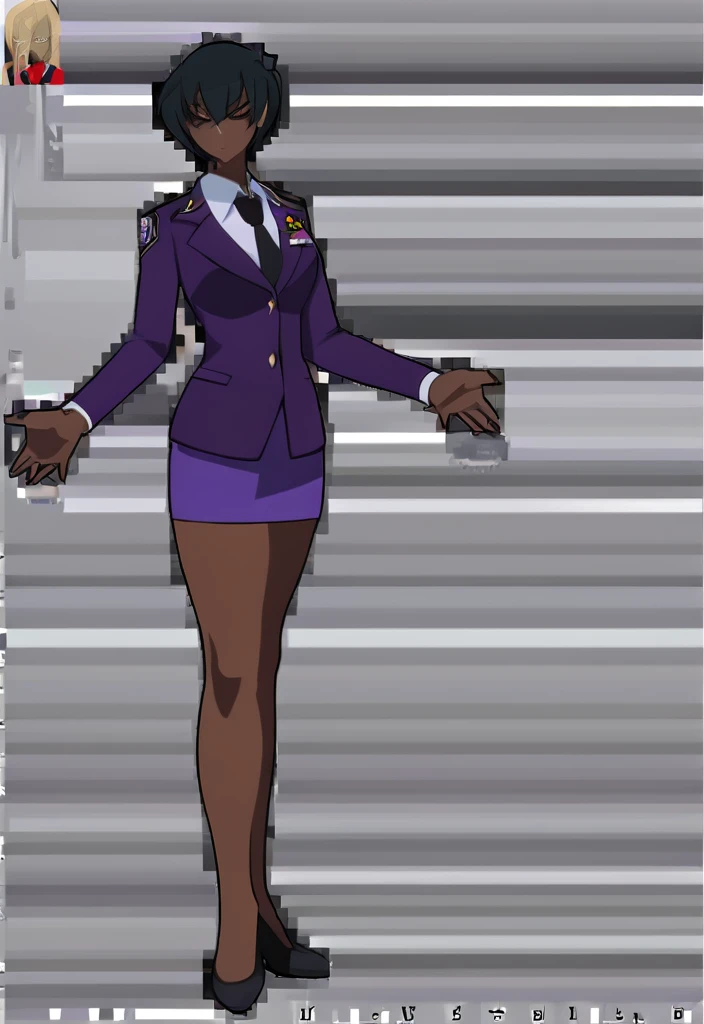 Make a evil military black anime woman in a purple skirt suit witha tie on full body