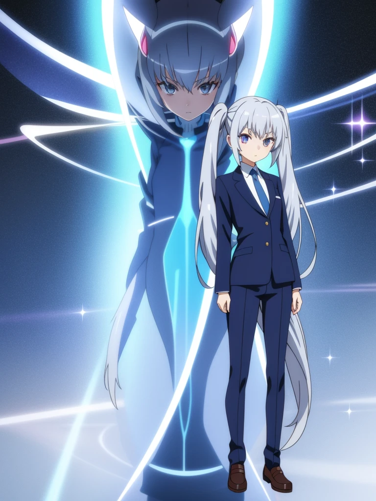 1girl, anime girl, silver hair, long twintails, silver eyes, dark blue school suit, zenless zone zero