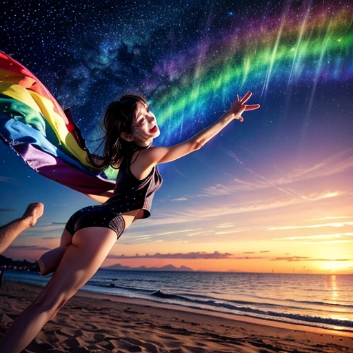 ((ExtremelyDetailed ( KAWAII Girl flying by Jet blade:1.37) in WHITE at Dusk Enoshima Beach)), (masterpiece 8K TopQuality) (ProfessionalPhoto:1.37), {(Standing Full Body:1.2)|(from below:1.2)}, Different types of hair colors, {(skinny(SchoolSwimwear))|SchoolUniform}, {Detailed Childish hand|Hidden hand|Armpit|Different types of breasts of various sizes from HUGE to FLAT|(Clearly Visible the shape of Butt)}, Joyful Expressions LifeLike Rendering, PerfectLighting, Dazzling RainbowColorHorizon, (Starry IridescentParticles:1.32) ColorfulClouds
