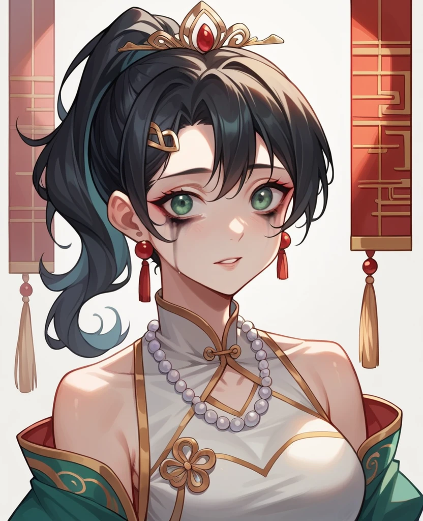 China dress,One Woman, 27 years old, 28 years old, Delicate makeup, Cute Liane, Gold Tiara, Pearl Necklace, Brown Hair,Green eyes,Jade hairpin,Black color Micro pantie