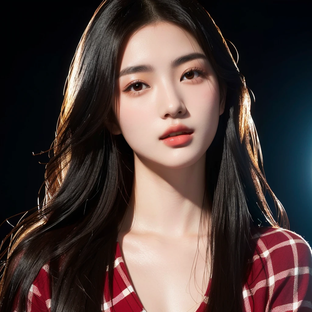 The Araffe woman wore a red and blue plaid T-shirt., Long-haired woman with a round face, Large chest 38 inches, Warm light, morning sun,  Long hair floats up.,black eyes,abdominal muscles,  (digital painting, HDR, high contrast), 3d, 8K, 45,000,000 pixcls,Asian girl, Gorgeous Chinese model, Japanese model, beautiful asian woman, Japanese goddess, beautiful female model, jaw-dropping beauty, Attractive face and body