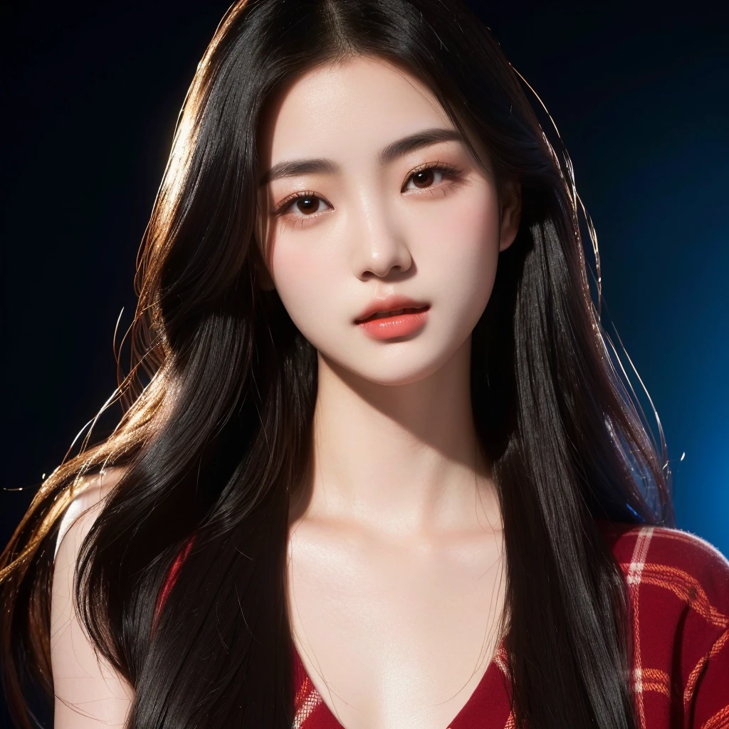 The Araffe woman wore a red and blue plaid T-shirt., Long-haired woman with a round face, Large chest 38 inches, Warm light, morning sun,  Long hair floats up.,black eyes,abdominal muscles,  (digital painting, HDR, high contrast), 3d, 8K, 45,000,000 pixcls,Asian girl, Gorgeous Chinese model, Japanese model, beautiful asian woman, Japanese goddess, beautiful female model, jaw-dropping beauty, Attractive face and body